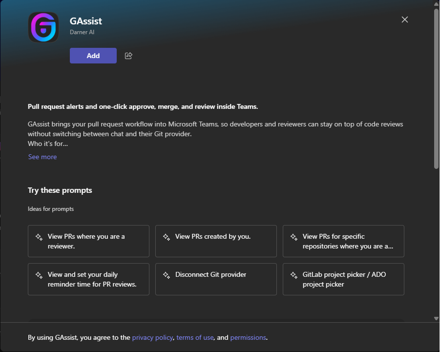 GAssist app page in Microsoft Teams with the Add button