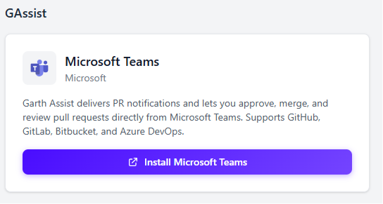 GAssist section on the Garth integrations page with the Install Microsoft Teams button