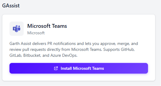 GAssist section on the Garth integrations page with the Install Microsoft Teams button