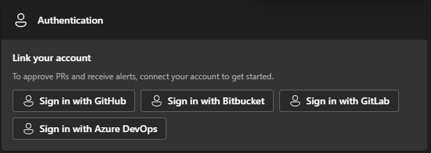 GAssist authentication card with sign-in buttons for GitHub, Bitbucket, GitLab, and Azure DevOps