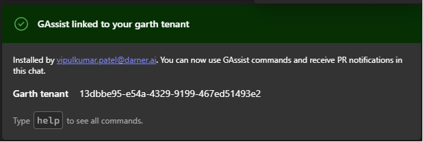 GAssist confirmation card in MS Teams showing the linked Garth tenant, the installer, and the tenant ID