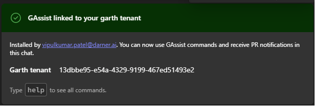 GAssist confirmation card in MS Teams showing the linked Garth tenant, the installer, and the tenant ID