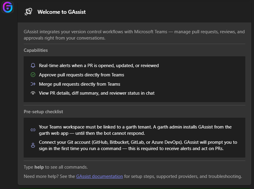 GAssist welcome card in MS Teams showing capabilities, commands, and tenant confirmation