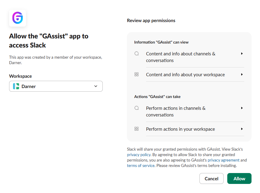 Slack authorization screen to allow the GAssist app to access the workspace, with the Allow button