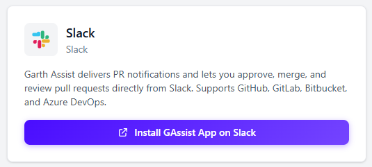 Slack section on the Garth integrations page with the Install GAssist App on Slack button