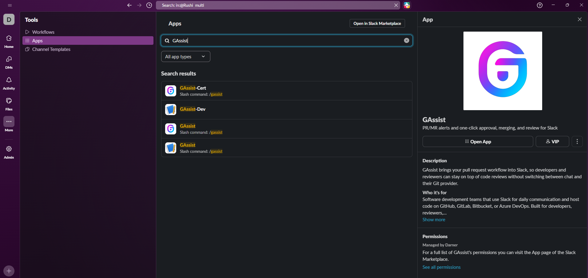 GAssist app in Slack search results with the App panel and Open App button