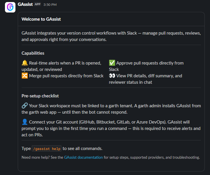 Welcome to GAssist card in Slack showing capabilities and the pre-setup checklist