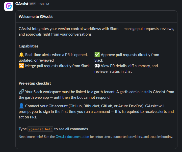 Welcome to GAssist card in Slack showing capabilities and the pre-setup checklist