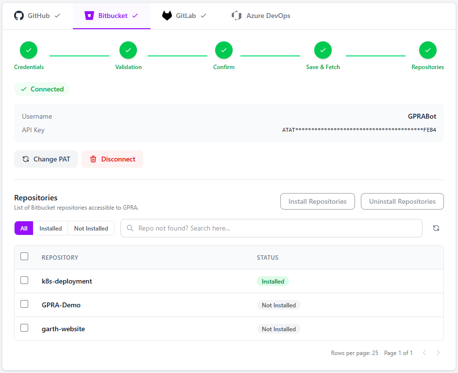 Bitbucket integration settings showing repository selection and Install Repositories button