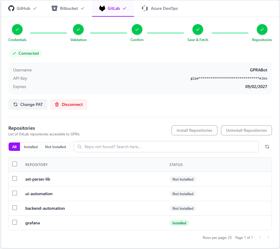 GitLab integration settings showing repository selection and Install Repositories button
