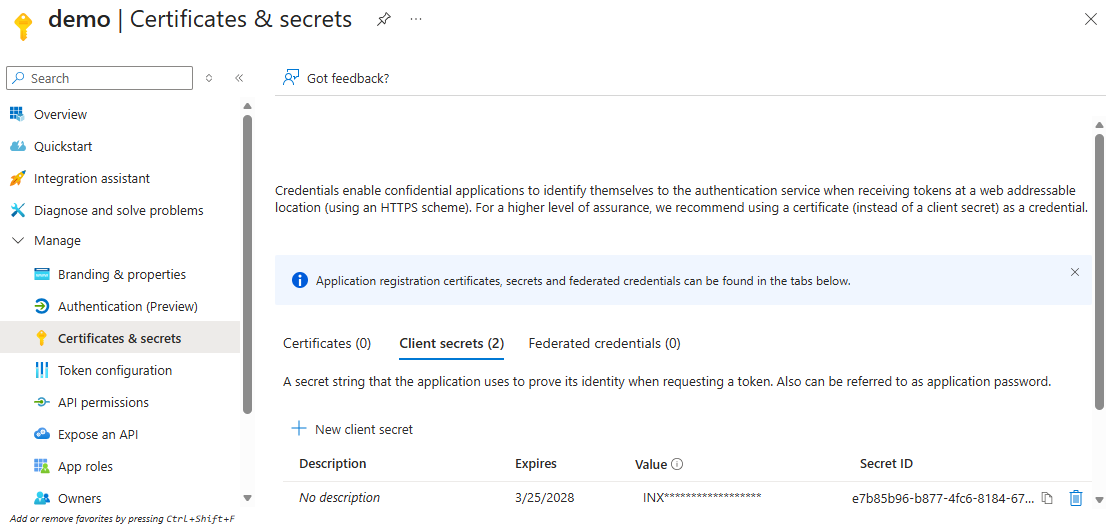 Entra Certificates and secrets page listing a client secret with its Expires, Value and Secret ID columns