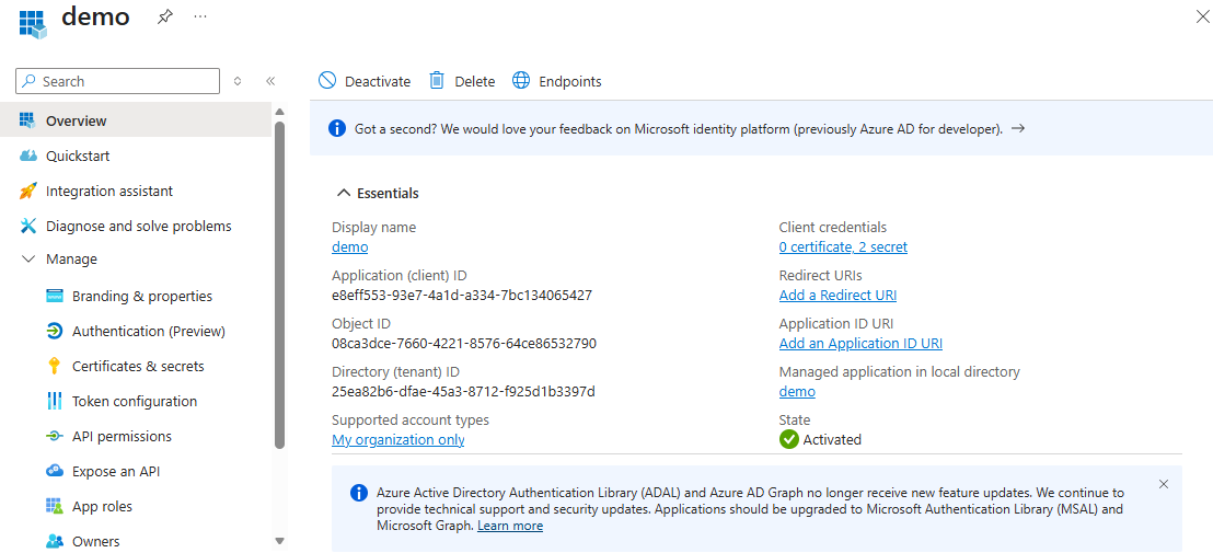Entra app registration Overview page with Application (client) ID, Object ID, Directory (tenant) ID and supported account types