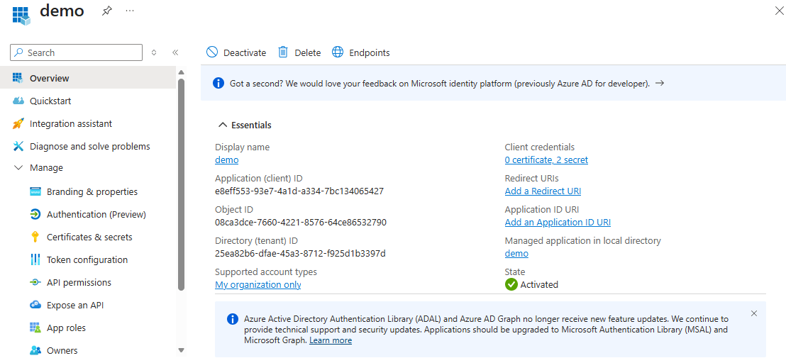 Entra app registration Overview page with Application (client) ID, Object ID, Directory (tenant) ID and supported account types