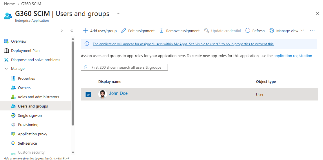 Entra enterprise application Users and groups page listing an assigned user, with Add user/group and Remove assignment actions