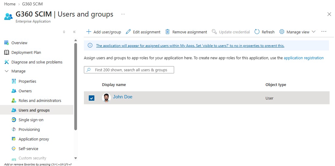 Entra enterprise application Users and groups page listing an assigned user, with Add user/group and Remove assignment actions