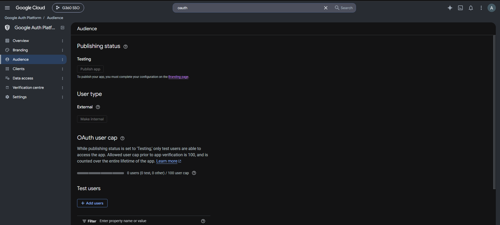 Google Auth Platform Audience page showing Publishing status Testing and User type External