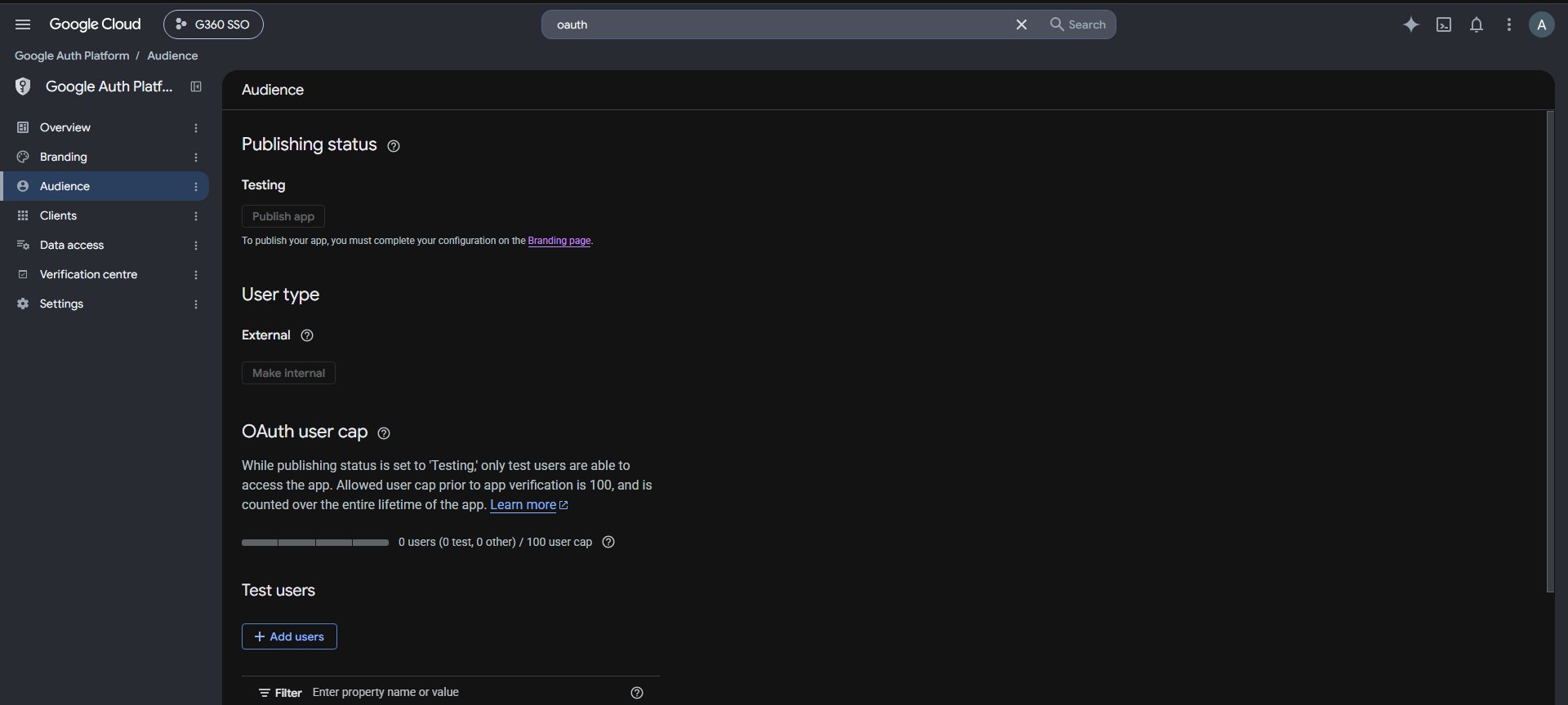 Google Auth Platform Audience page showing Publishing status Testing and User type External
