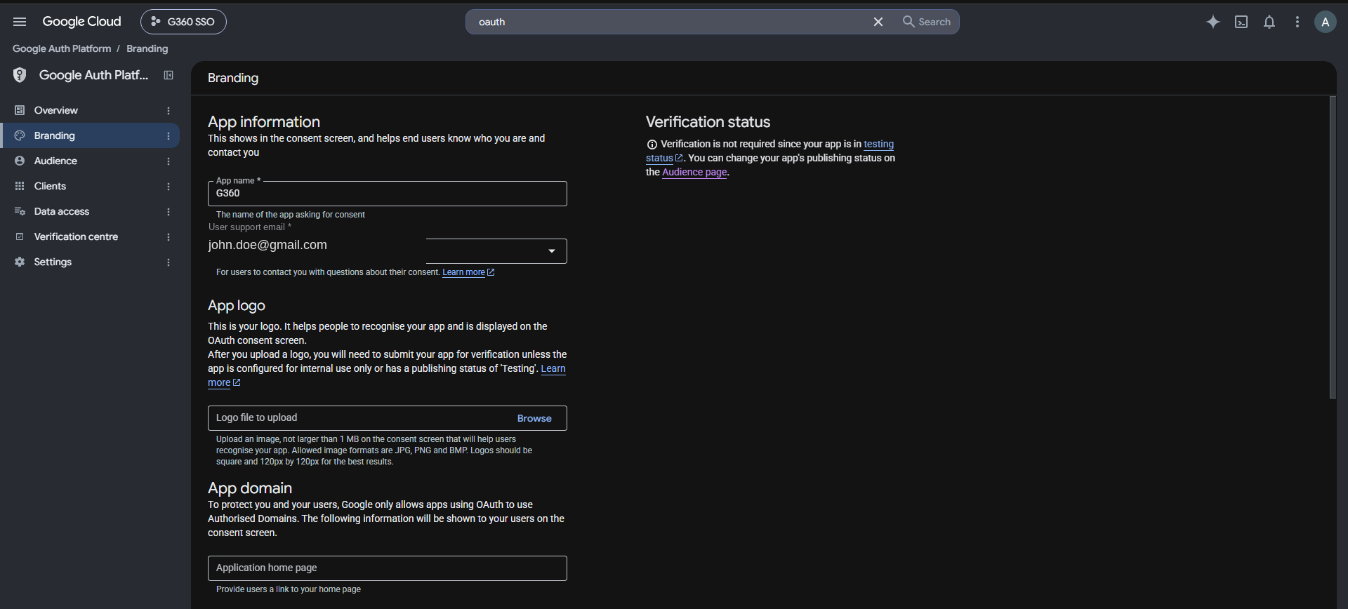 Google Auth Platform Branding page with App name and User support email fields