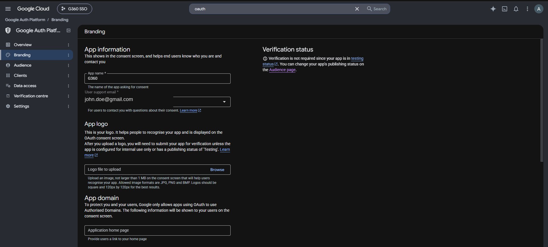 Google Auth Platform Branding page with App name and User support email fields