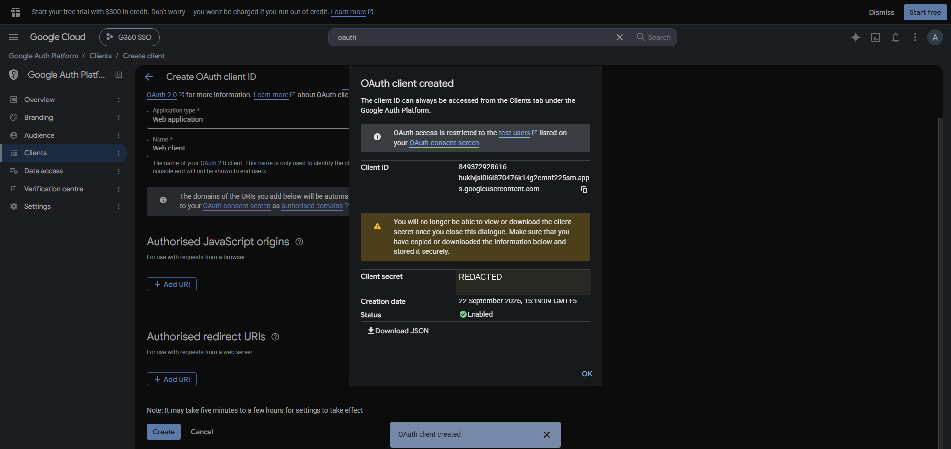 Google Cloud OAuth client created dialog showing the Client ID, a redacted client secret and a warning that the secret cannot be viewed again