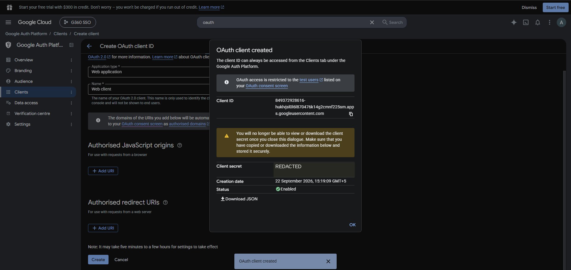 Google Cloud OAuth client created dialog showing the Client ID, a redacted client secret and a warning that the secret cannot be viewed again