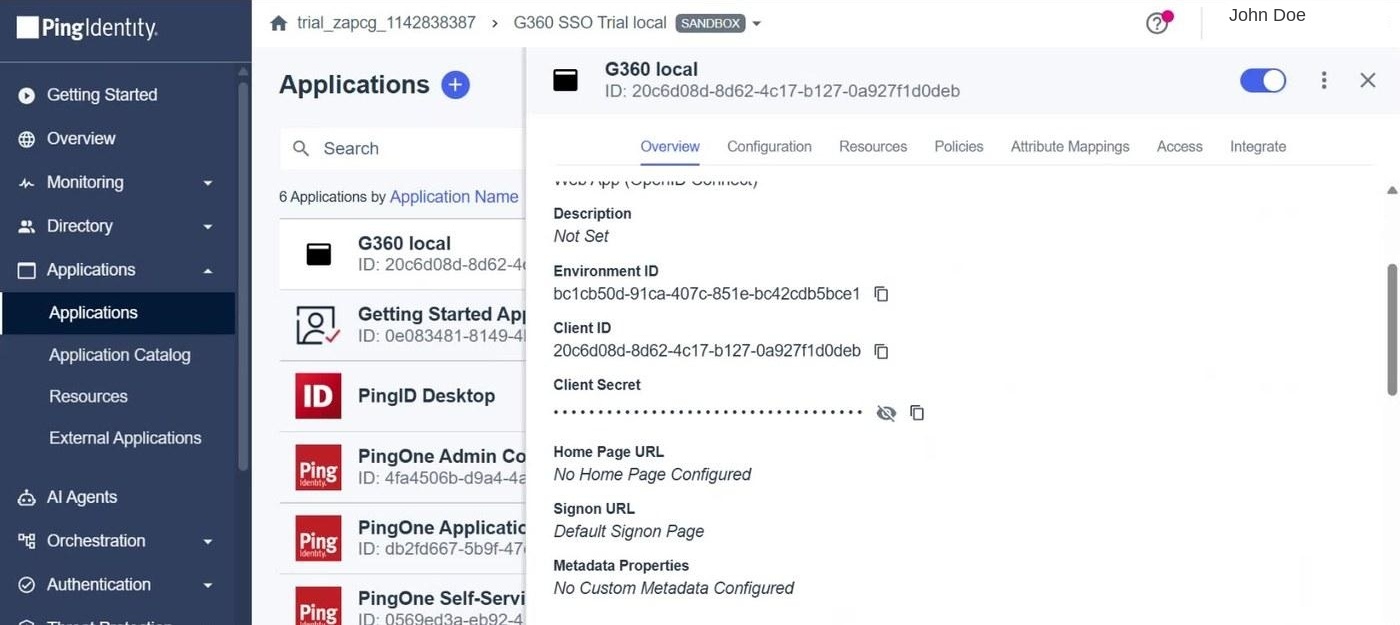 Identity provider application overview showing Environment ID, Client ID, and masked Client Secret