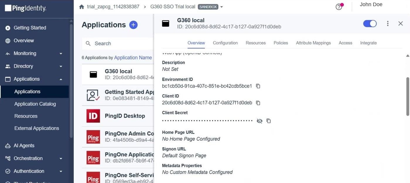Identity provider application overview showing Environment ID, Client ID, and masked Client Secret
