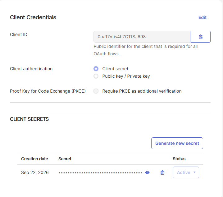 Okta Client Credentials section with Client ID, Client authentication set to Client secret, and a masked secret with a reveal icon