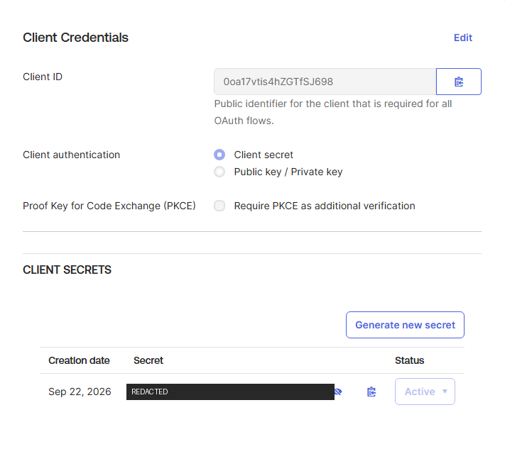Okta Client Secrets table with the secret value revealed and redacted, alongside a Generate new secret button