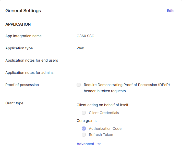 Okta General Settings panel showing app integration name G360 SSO, application type Web, and Authorization Code ticked under core grants