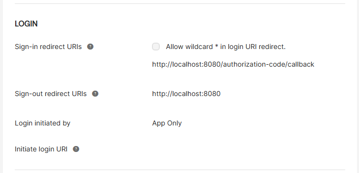 Okta Login section showing sign-in redirect URIs, sign-out redirect URIs and Login initiated by App Only
