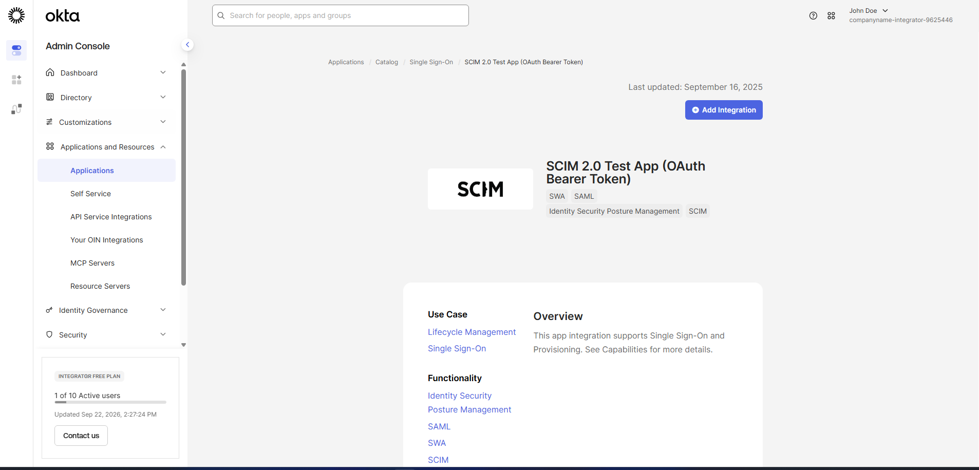 Okta app catalog page for SCIM 2.0 Test App (OAuth Bearer Token), showing an Add Integration button and SCIM capabilities