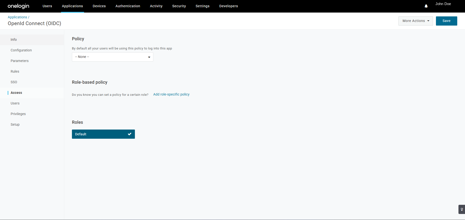 OneLogin application Access tab showing policy set to None and a ticked Default role under Roles