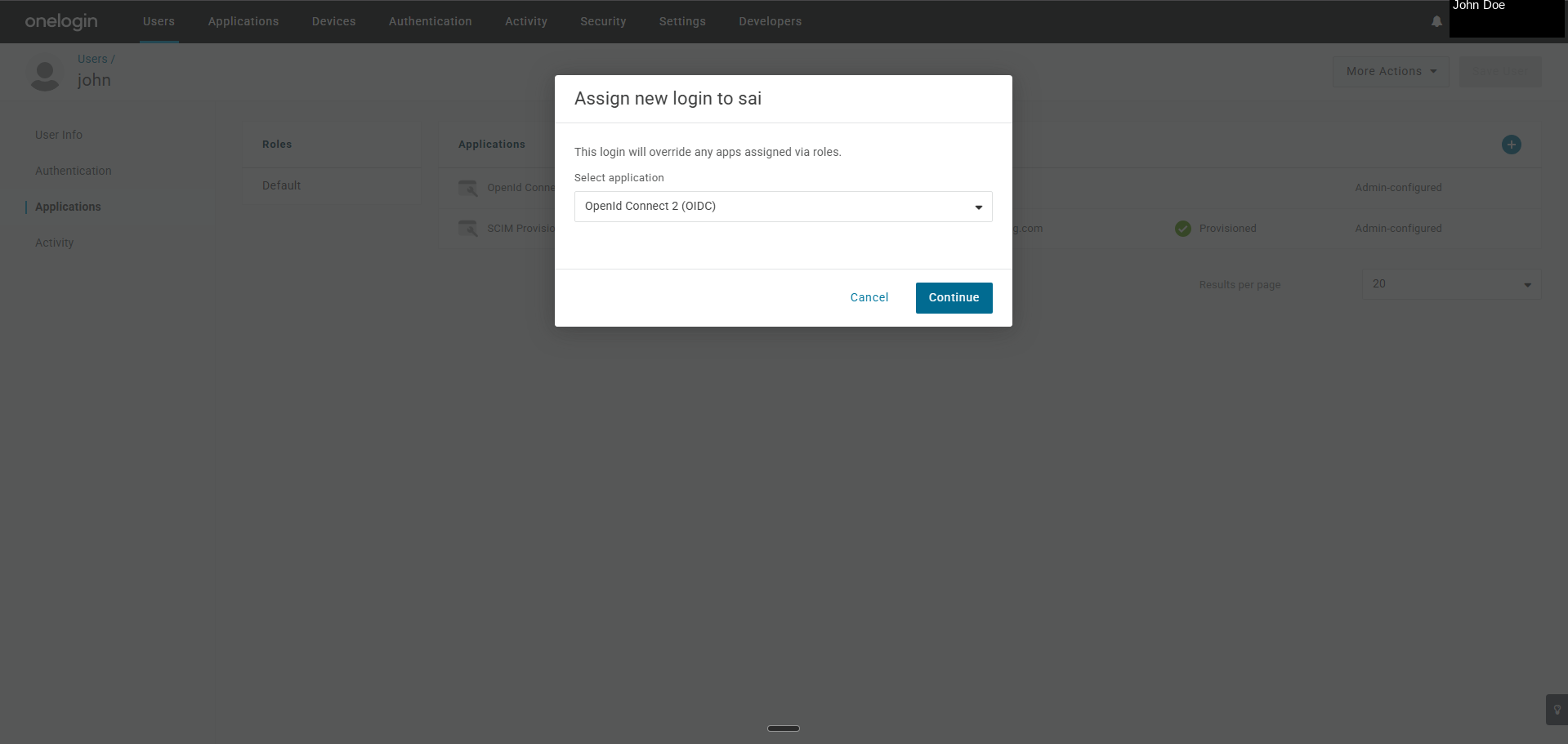 OneLogin user profile Applications tab with the add application dialog open to assign an app to that person
