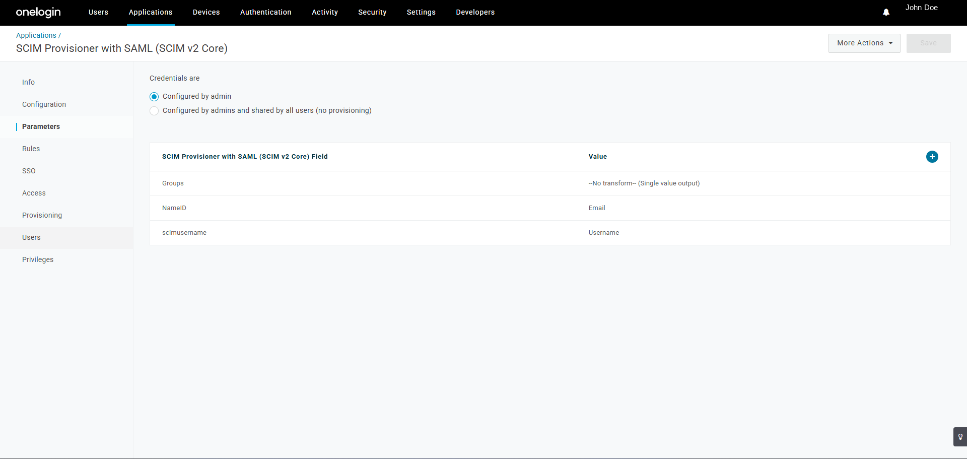 OneLogin SCIM Provisioner Parameters tab listing Groups, NameID mapped to Email, and scimusername mapped to Username