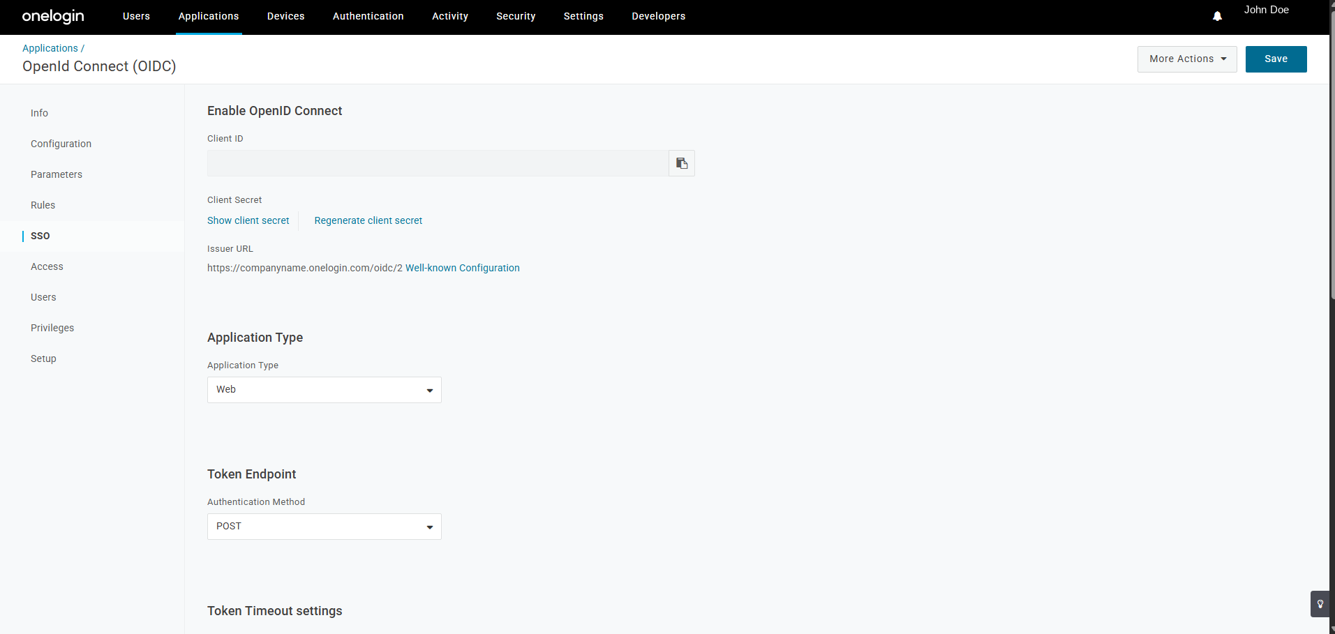 OneLogin SSO tab showing Client ID, Show client secret, Issuer URL with a Well-known Configuration link, Application Type Web and Token Endpoint authentication method POST