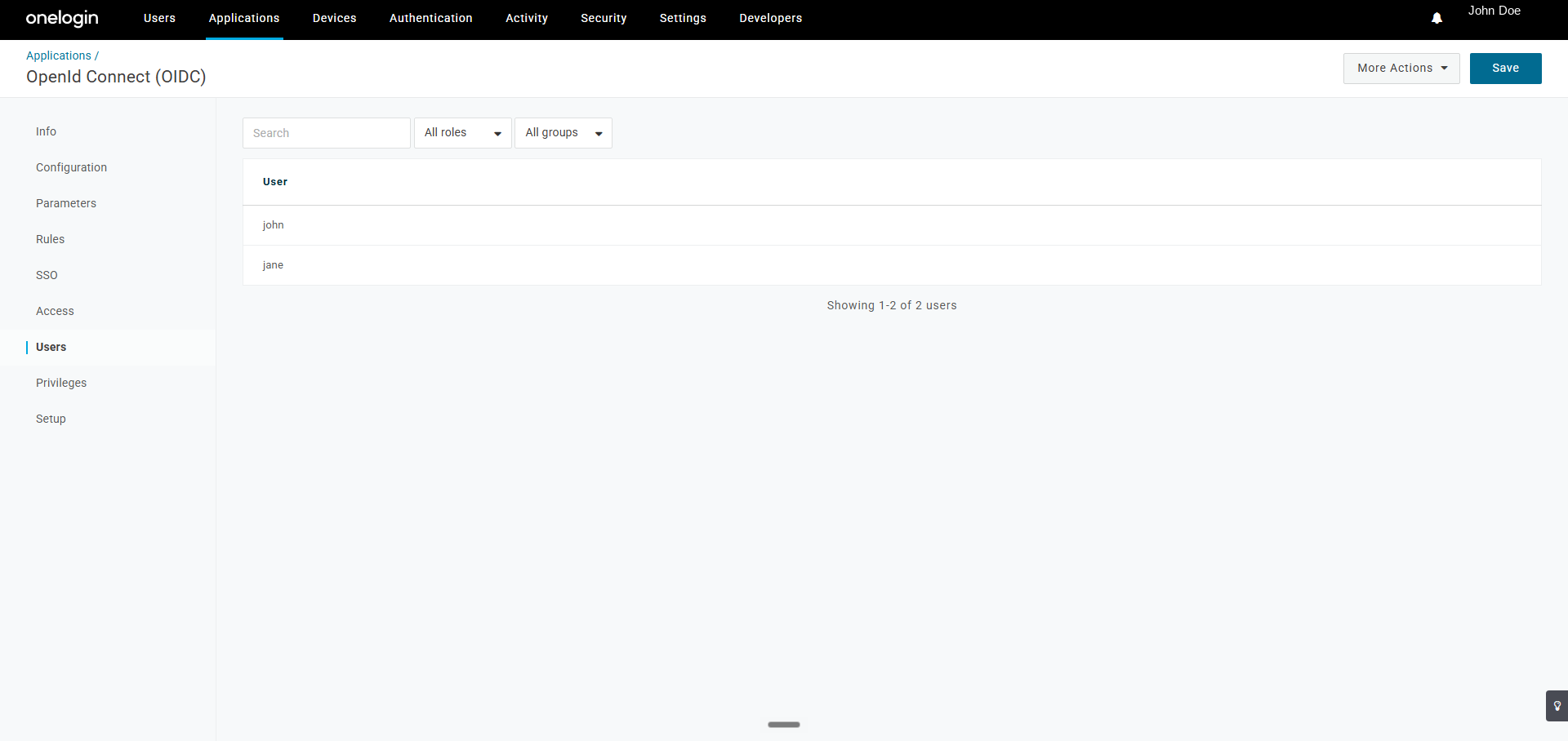 OneLogin application Users tab listing the individual users assigned to the application
