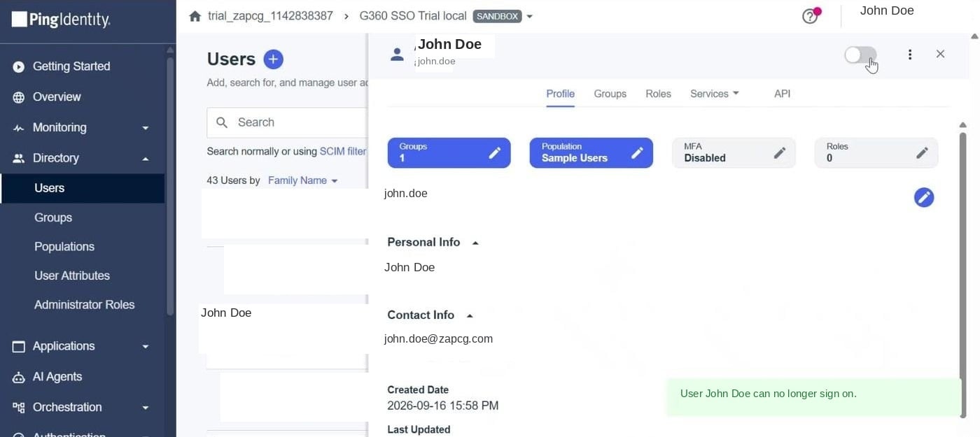 PingOne user profile with the enabled toggle switched off and a confirmation that the user can no longer sign on