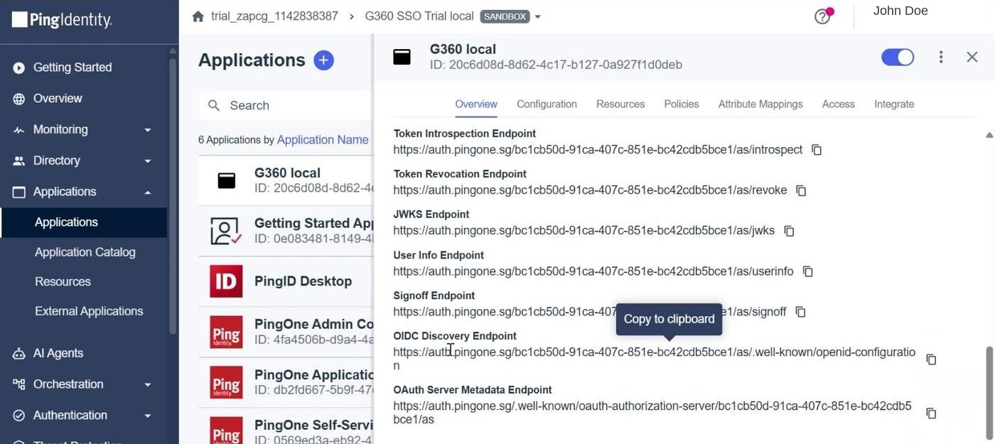 PingOne application Overview tab showing token, JWKS, userinfo, and OIDC Discovery endpoints with copy buttons