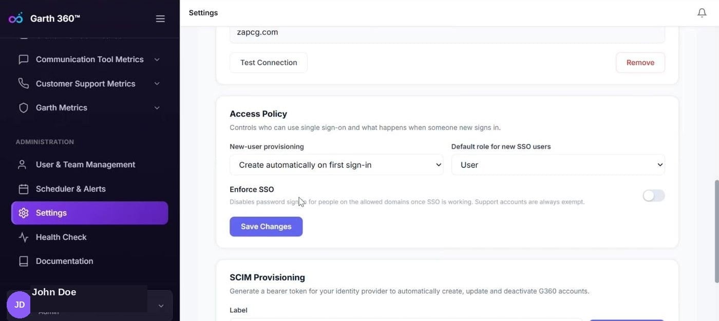 G360 Access Policy settings with new-user provisioning dropdown, default role dropdown, and Enforce SSO toggle