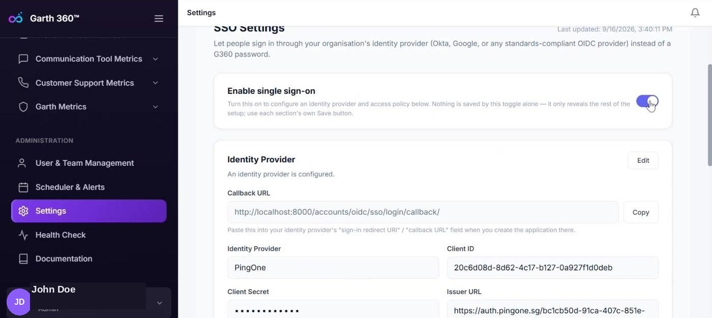 G360 SSO Settings page showing the Enable single sign-on toggle and the Identity Provider section