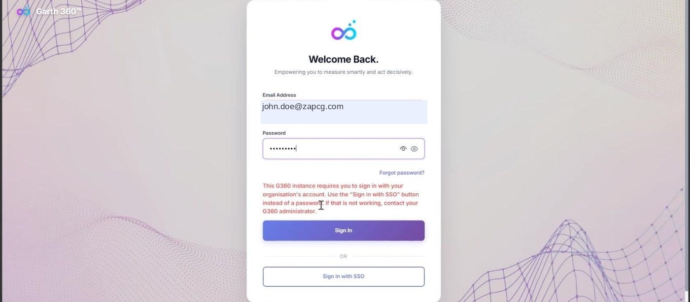 G360 login page showing a red message explaining that this instance requires signing in with the organization's account