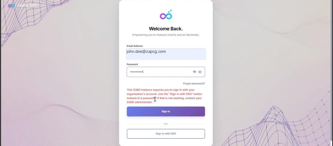 G360 login page showing a red message explaining that this instance requires signing in with the organization's account