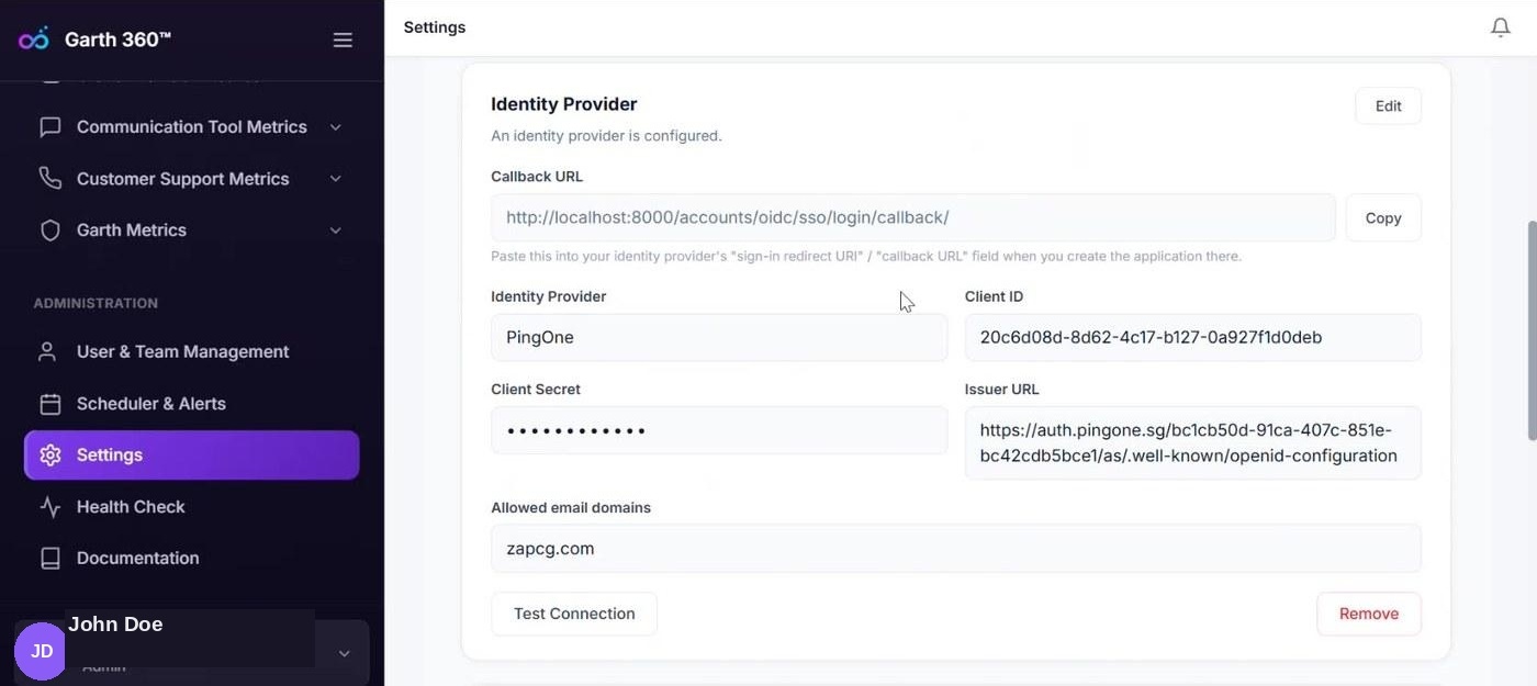 G360 Identity Provider settings form with callback URL, client ID, client secret, issuer URL, and allowed email domains