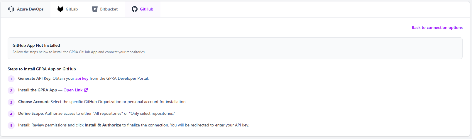 Garth GitHub App installation steps shown in the Garth dashboard