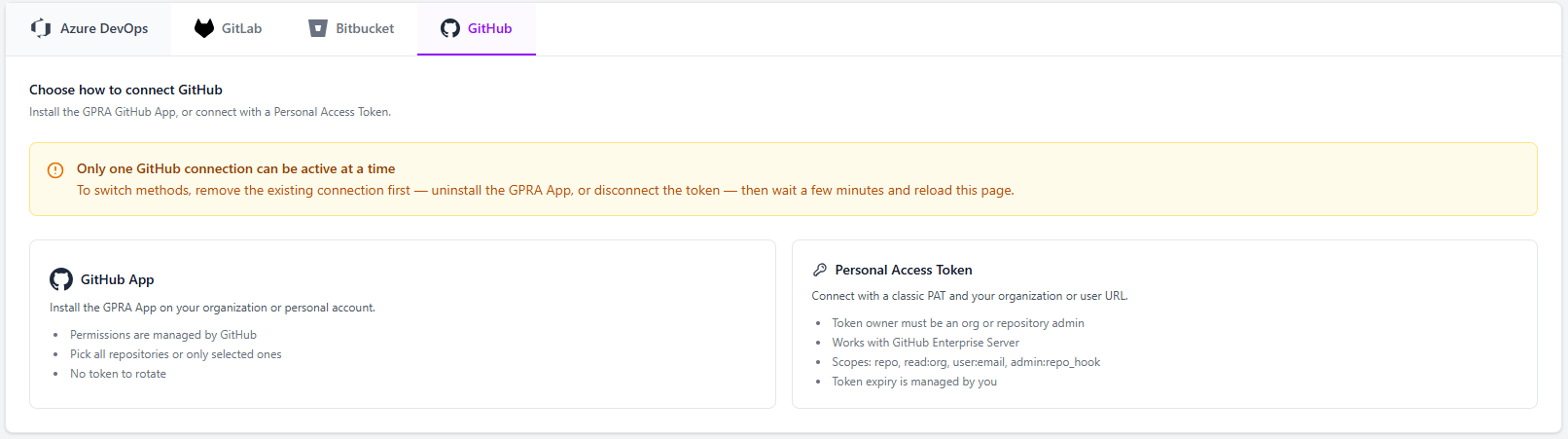 Garth GitHub integration settings showing the GitHub App and Personal Access Token connection options