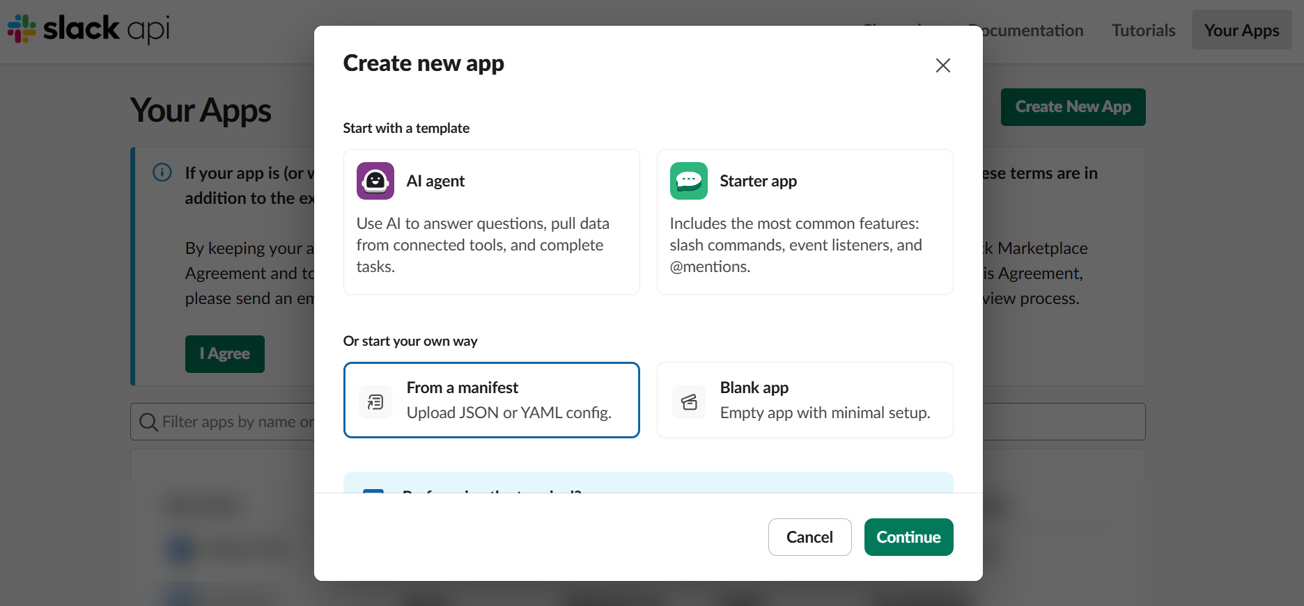 Slack Create an app dialog with the From a manifest option