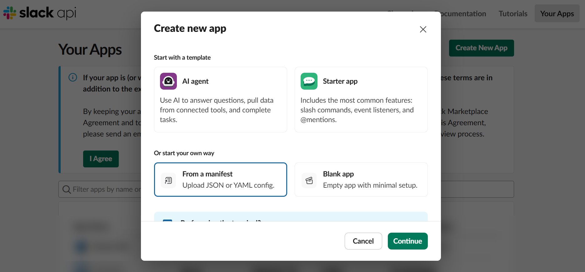 Slack Create an app dialog with the From a manifest option