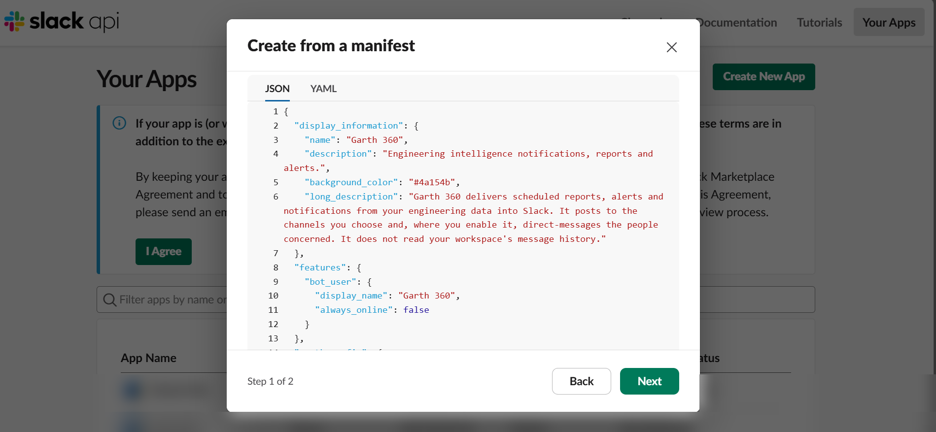 Slack app manifest editor with the G360 manifest pasted into the JSON tab