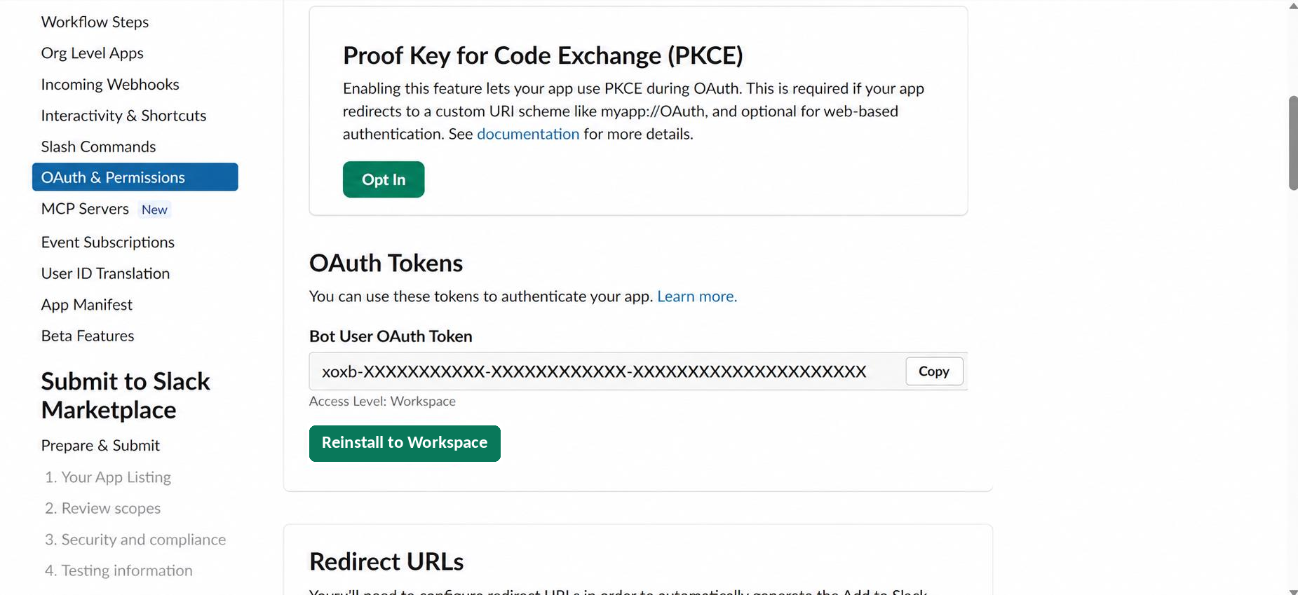 Slack OAuth & Permissions page showing the Bot User OAuth Token field with a Copy button